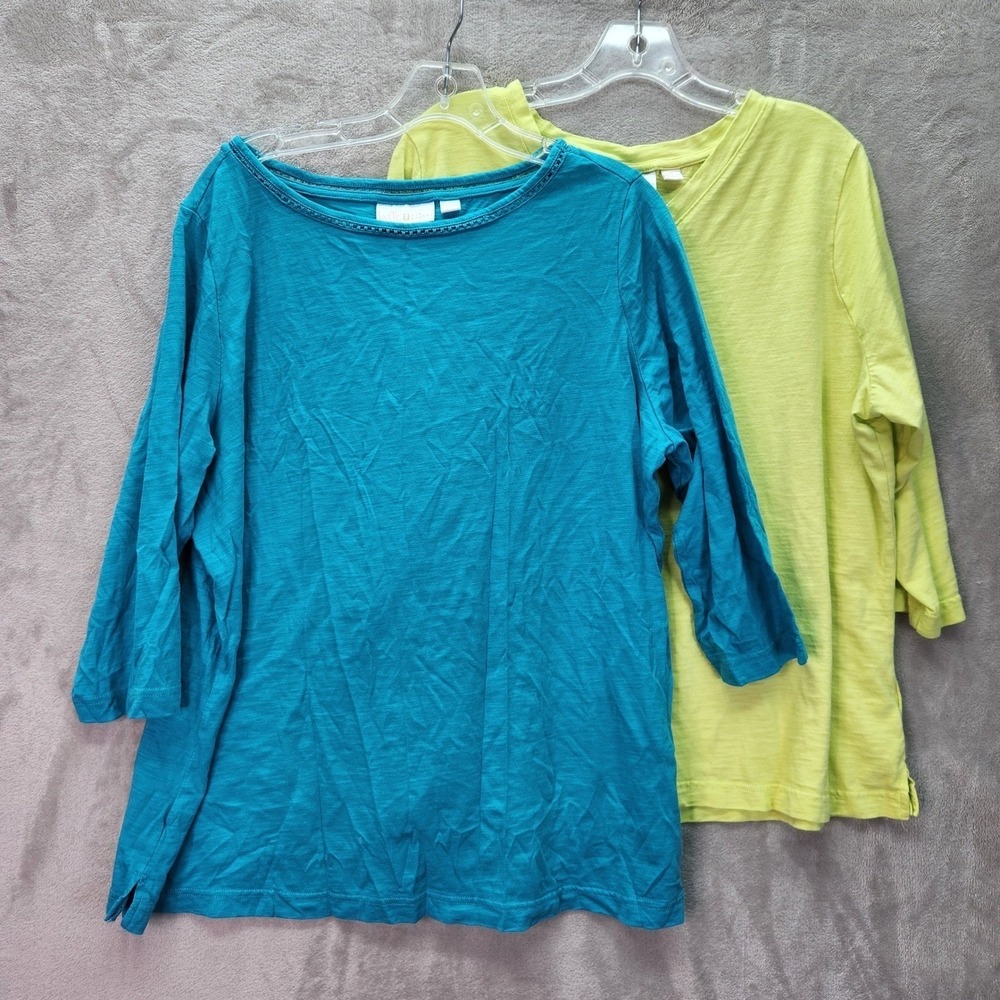 Belle Kim Gravel Large Blue Margarita 3/4 Sleeve V Neck Slub Knit Top A689893